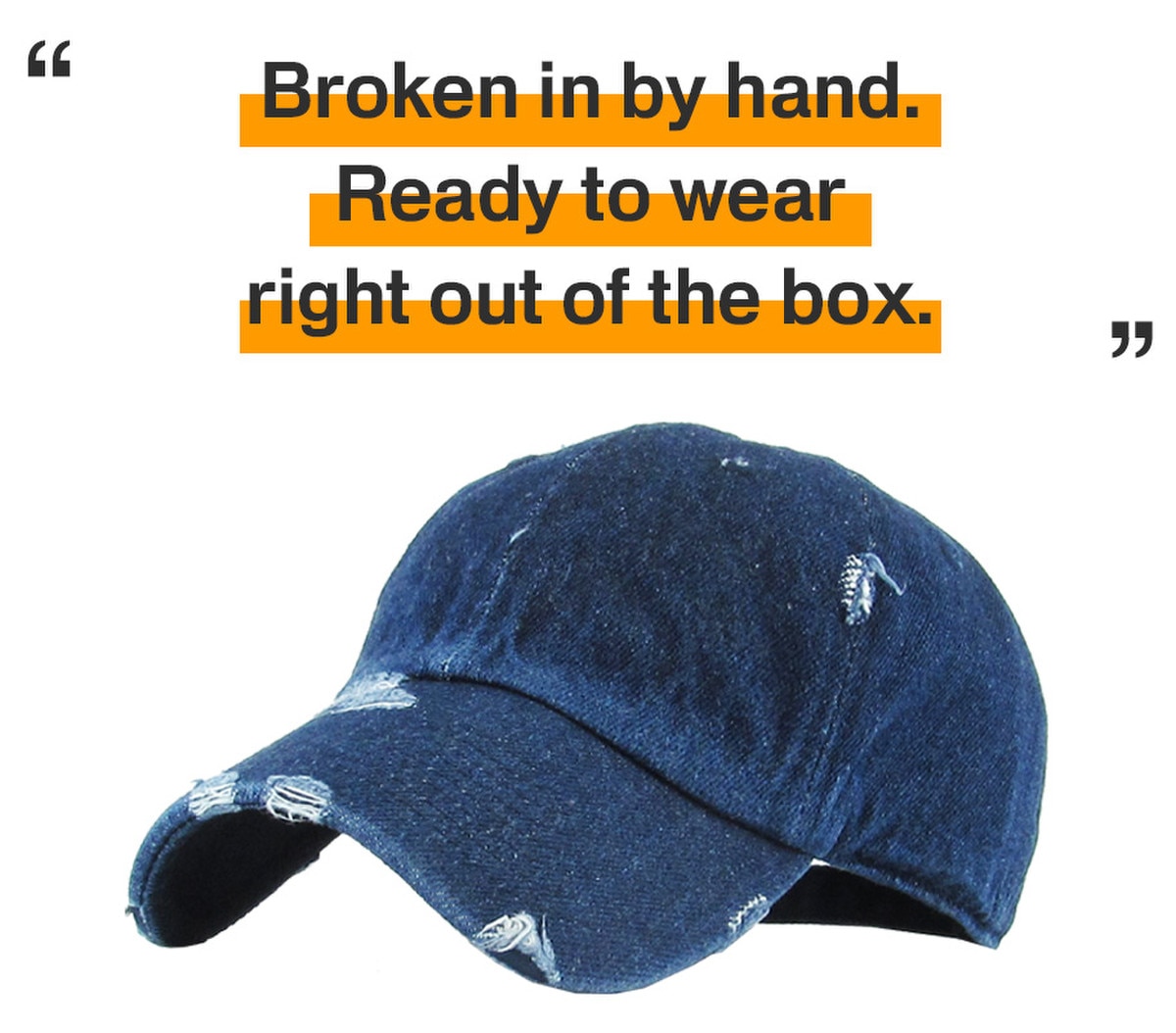 Dark Denim Distressed Vintage Baseball Cap Front Side View
